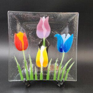 Fused Glass Tulip Plate Signed WM McGrath
